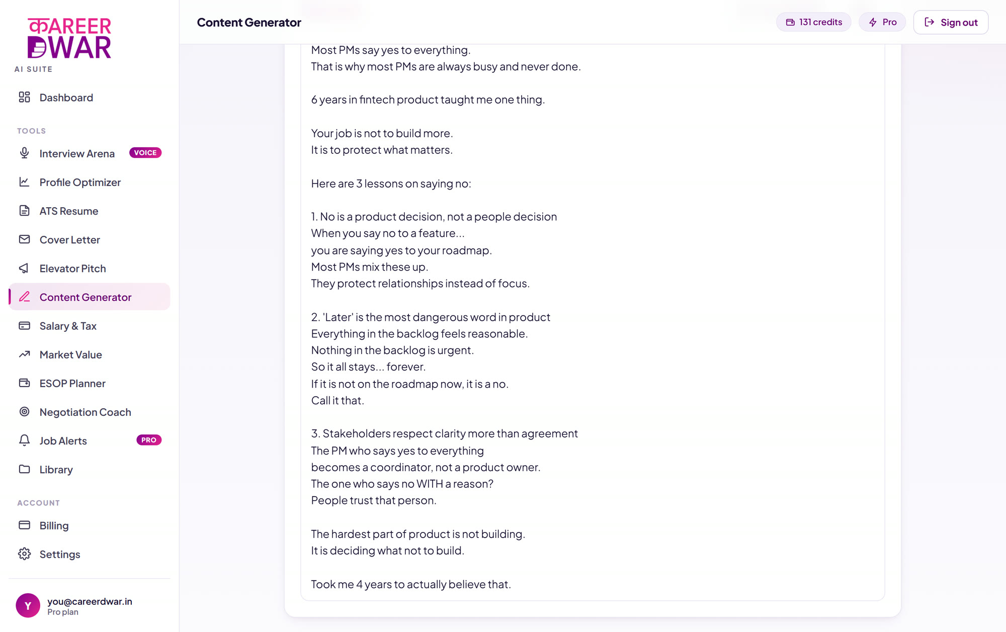 The Content Generator writing a LinkedIn post in the AI Suite