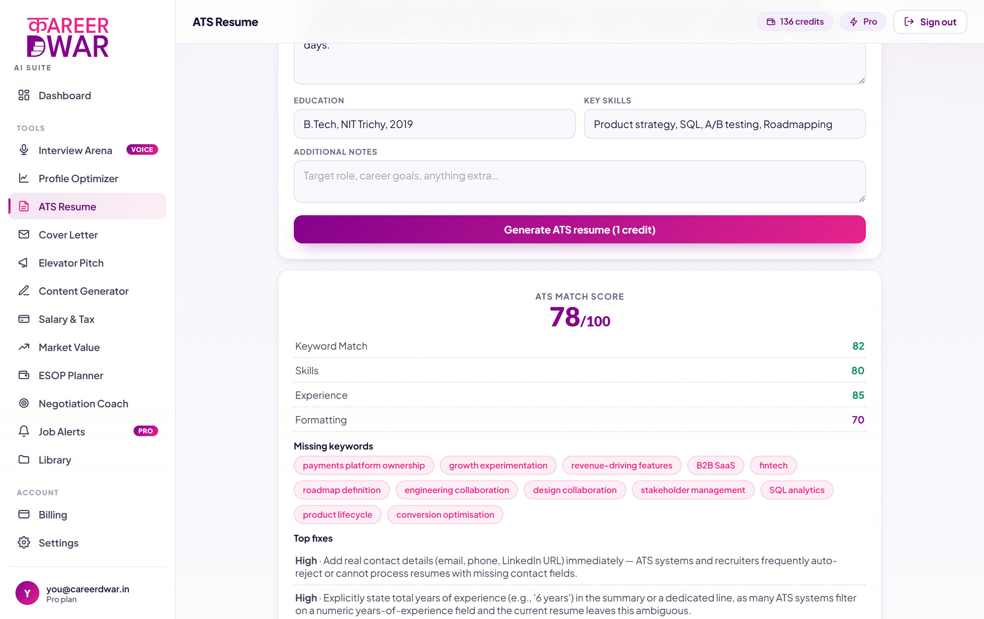 ATS Resume match score of 78 out of 100 in the AI Suite